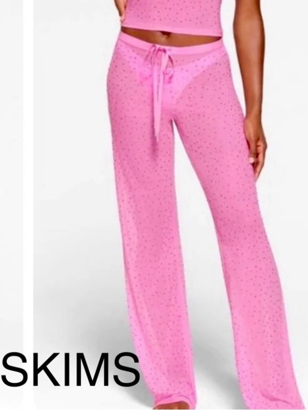 SKIMS cover up lounge rhinestone mesh wide leg palazzo pants neon pink XL